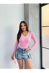 V Yaka Çizgili Bluz Pembe A3699