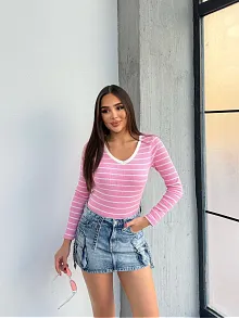 V Yaka Çizgili Bluz Pembe A3699