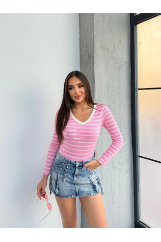 V yaka çizgili bluz pembe A3699