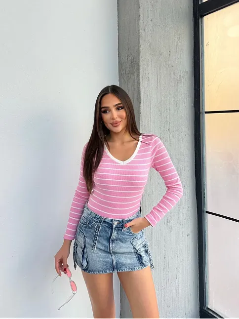 V Yaka Çizgili Bluz Pembe A3699