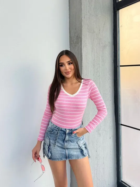 V Yaka Çizgili Bluz Pembe A3699