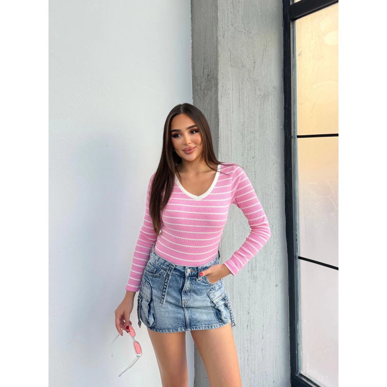 V yaka çizgili bluz pembe A3699 V yaka çizgili bluz pembe A3699