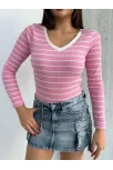 V Yaka Çizgili Bluz Pembe A3699
