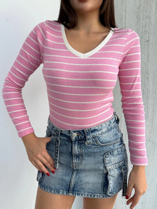 V yaka çizgili bluz pembe A3699 V yaka çizgili bluz pembe A3699