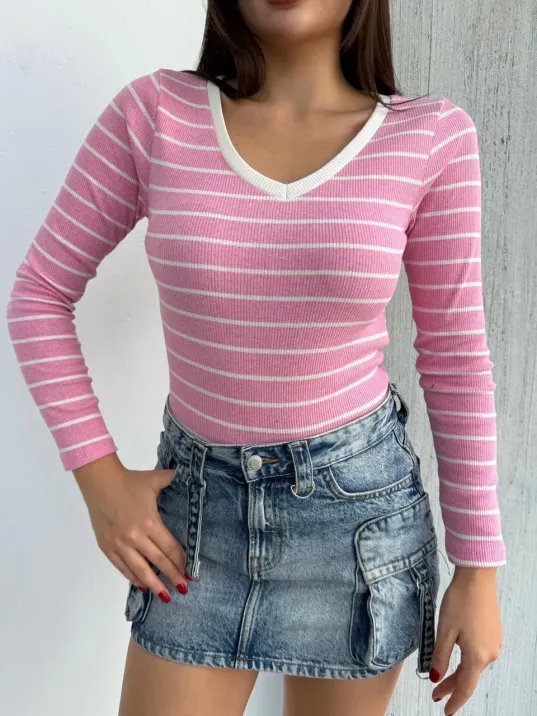 V Yaka Çizgili Bluz Pembe A3699
