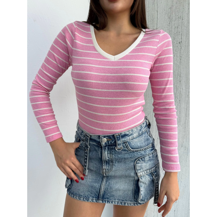 V yaka çizgili bluz pembe A3699 V yaka çizgili bluz pembe A3699