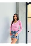 V Yaka Çizgili Bluz Pembe A3699