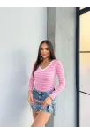 V Yaka Çizgili Bluz Pembe A3699