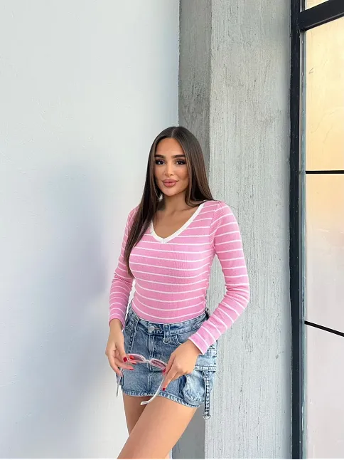 V Yaka Çizgili Bluz Pembe A3699