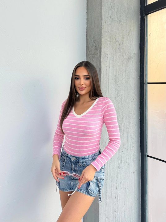V yaka çizgili bluz pembe A3699 V yaka çizgili bluz pembe A3699