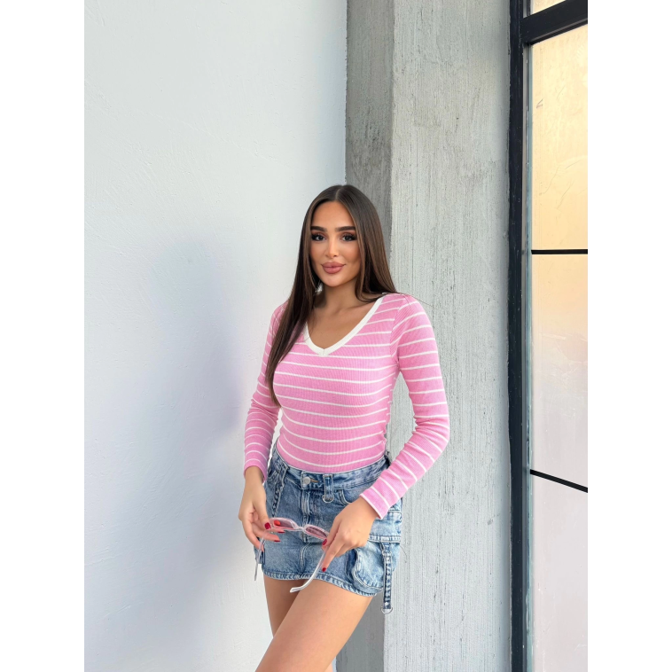 V yaka çizgili bluz pembe A3699 V yaka çizgili bluz pembe A3699
