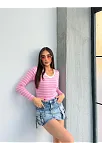 V Yaka Çizgili Bluz Pembe A3699