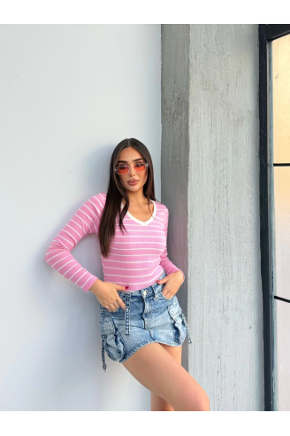 V yaka çizgili bluz pembe A3699