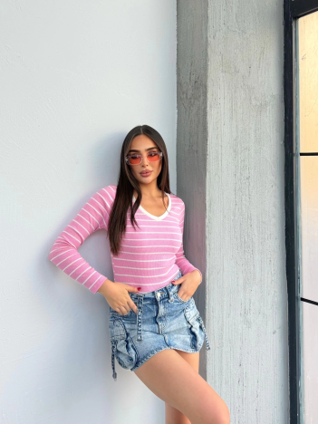 V yaka çizgili bluz pembe A3699