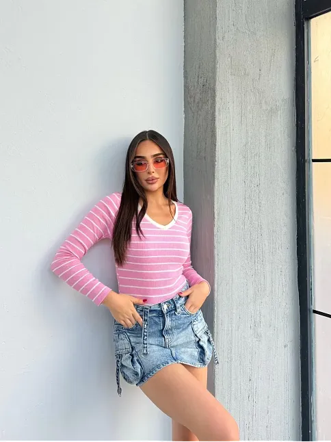 V Yaka Çizgili Bluz Pembe A3699