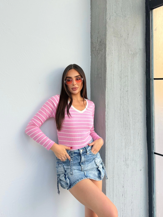 V yaka çizgili bluz pembe A3699 V yaka çizgili bluz pembe A3699