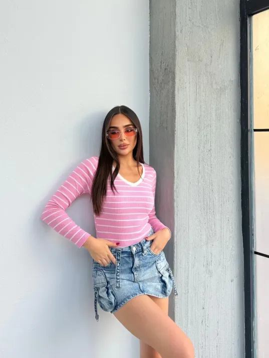 V Yaka Çizgili Bluz Pembe A3699