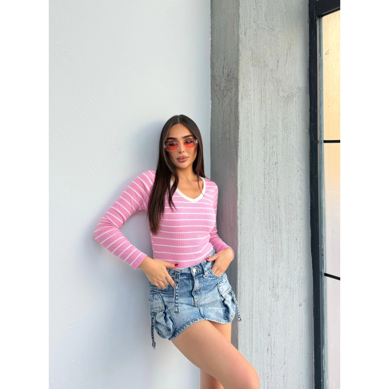 V yaka çizgili bluz pembe A3699 V yaka çizgili bluz pembe A3699