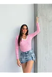 V Yaka Çizgili Bluz Pembe A3699