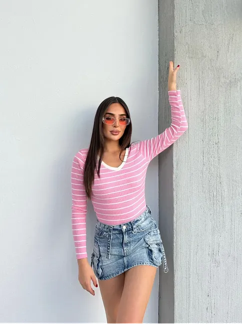 V Yaka Çizgili Bluz Pembe A3699