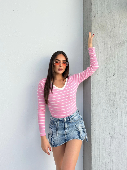 V yaka çizgili bluz pembe A3699 V yaka çizgili bluz pembe A3699
