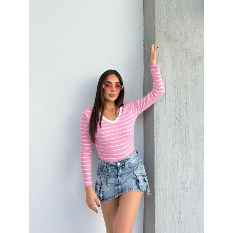 V yaka çizgili bluz pembe A3699 V yaka çizgili bluz pembe A3699