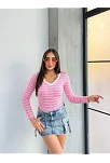 V Yaka Çizgili Bluz Pembe A3699
