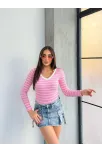 V Yaka Çizgili Bluz Pembe A3699