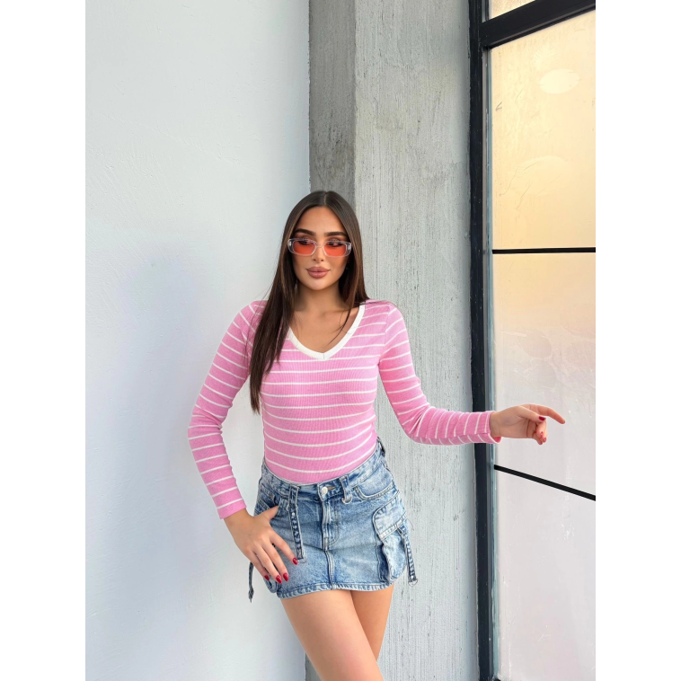 V yaka çizgili bluz pembe A3699 V yaka çizgili bluz pembe A3699