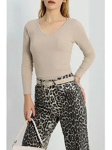 V Yaka Kaşkorse Bluz Bej A3699