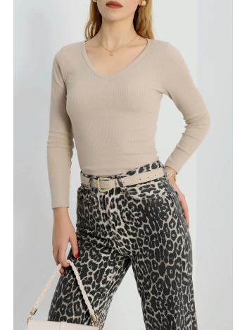 V yaka kaşkorse bluz bej a3699