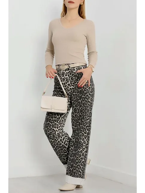 V Yaka Kaşkorse Bluz Bej A3699