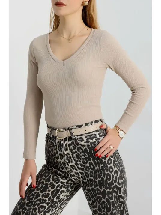 V Yaka Kaşkorse Bluz Bej A3699