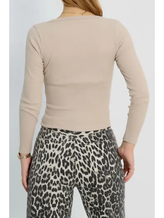 V Yaka Kaşkorse Bluz Bej A3699