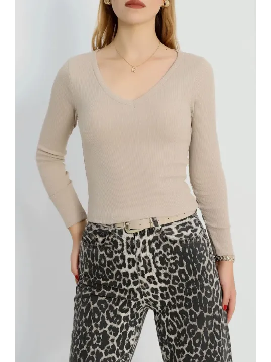 V Yaka Kaşkorse Bluz Bej A3699