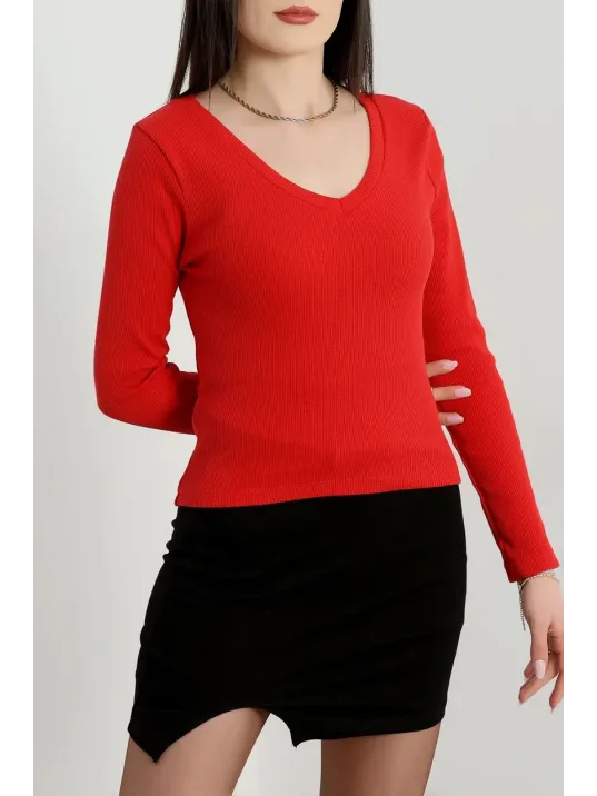 V Yaka Kaşkorse Bluz Kırmızı A3699