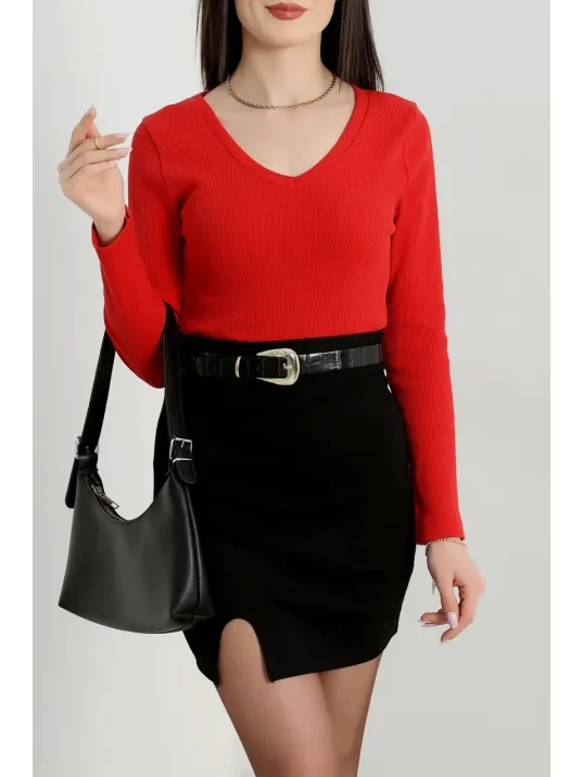 V Yaka Kaşkorse Bluz Kırmızı A3699