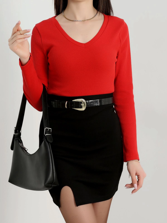 V yaka kaşkorse bluz kırmızı a3699 V yaka kaşkorse bluz kırmızı a3699