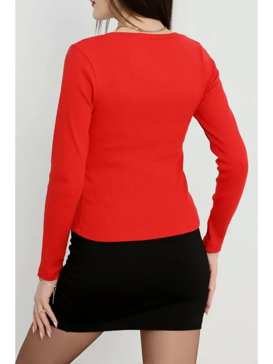 V Yaka Kaşkorse Bluz Kırmızı A3699