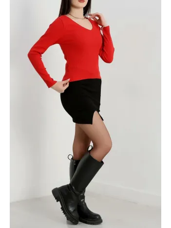 V Yaka Kaşkorse Bluz Kırmızı A3699