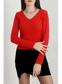 V Yaka Kaşkorse Bluz Kırmızı A3699
