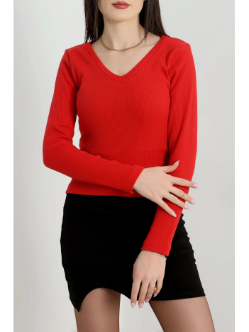 V yaka kaşkorse bluz kırmızı a3699
