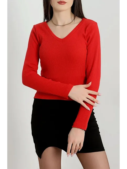 V Yaka Kaşkorse Bluz Kırmızı A3699