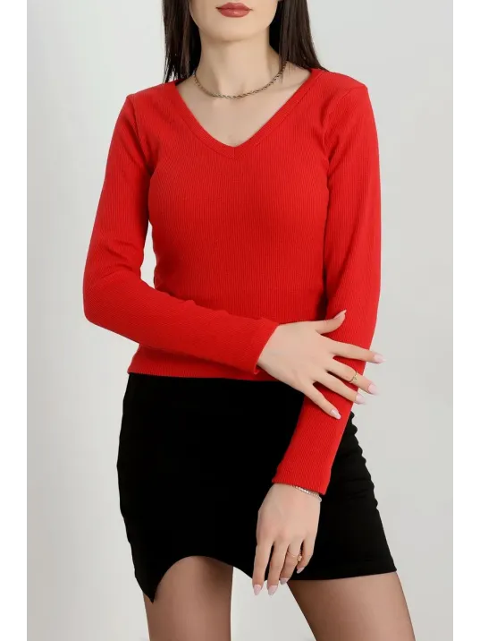V Yaka Kaşkorse Bluz Kırmızı A3699
