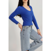 V yaka kaşkorse bluz saks mavisi a3699 V yaka kaşkorse bluz saks mavisi a3699