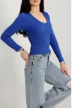 V Yaka Kaşkorse Bluz Saks Mavisi A3699