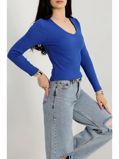 V Yaka Kaşkorse Bluz Saks Mavisi A3699