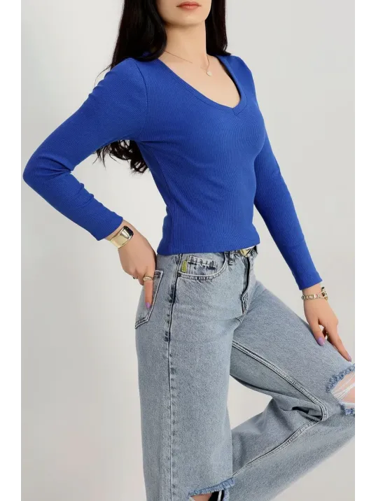 V Yaka Kaşkorse Bluz Saks Mavisi A3699