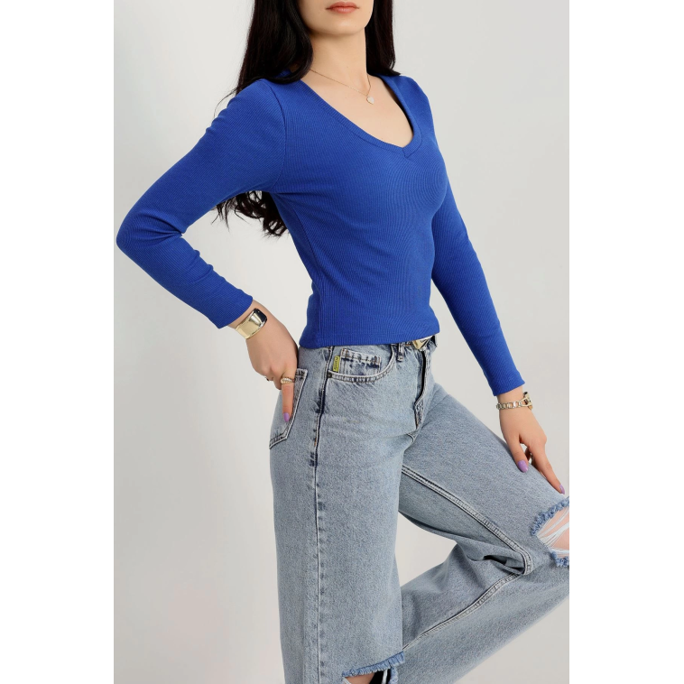 V yaka kaşkorse bluz saks mavisi a3699 V yaka kaşkorse bluz saks mavisi a3699