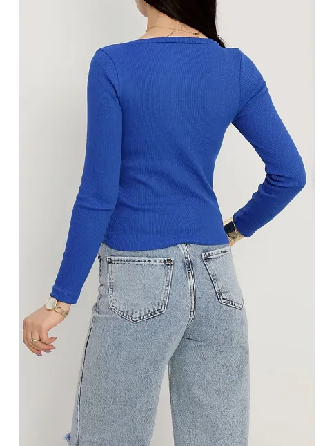 V Yaka Kaşkorse Bluz Saks Mavisi A3699